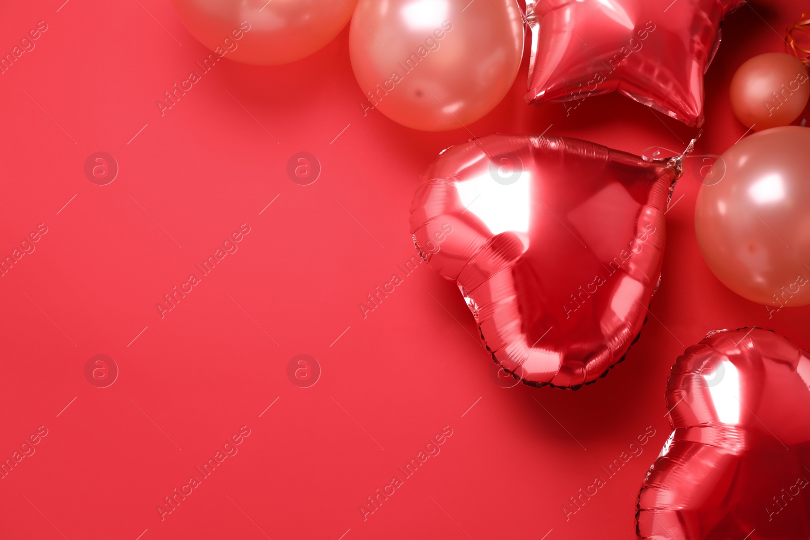 Photo of Colorful balloons on red background, flat lay. Space for text