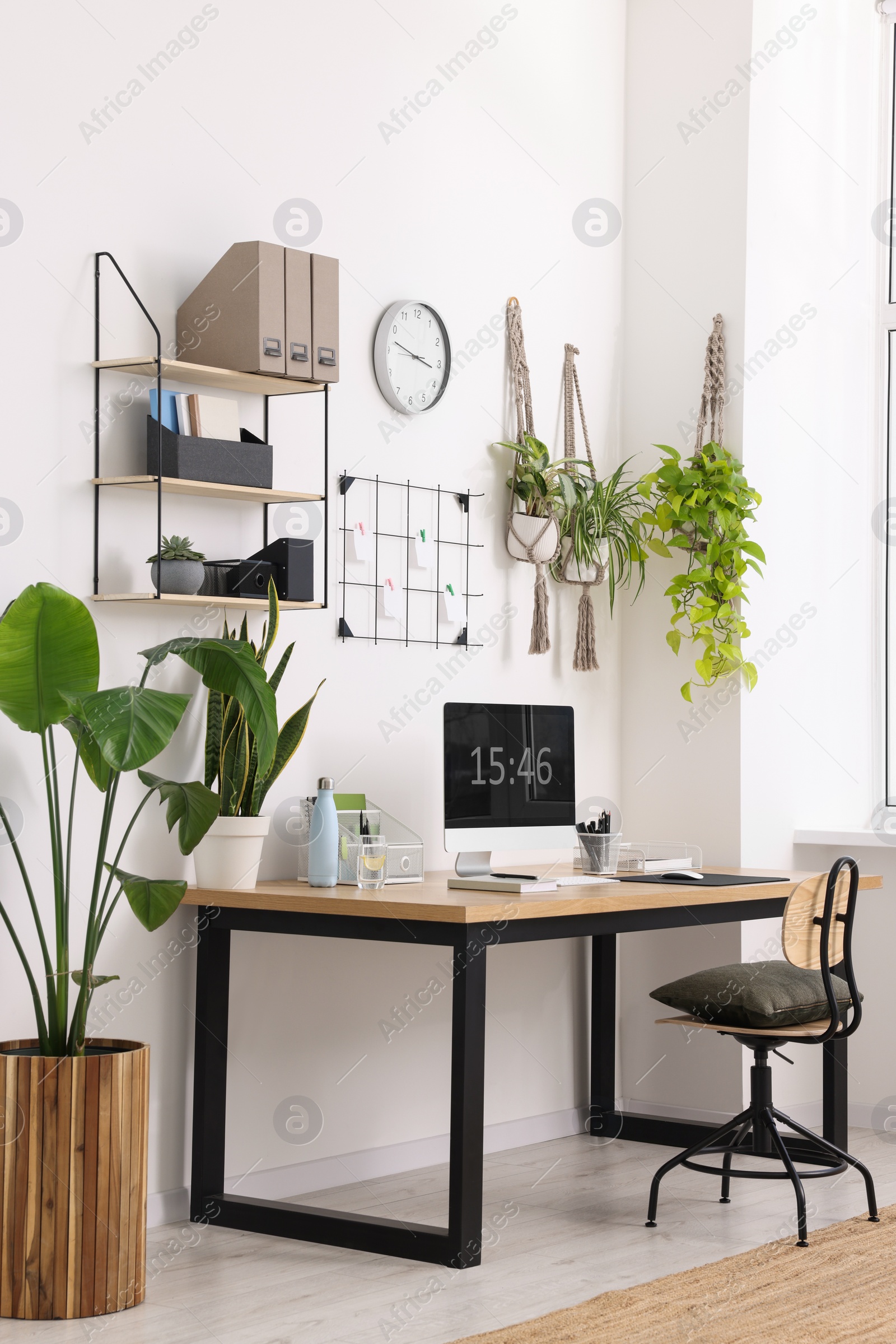 Photo of Cozy workplace with computer, modern furniture and houseplants at home