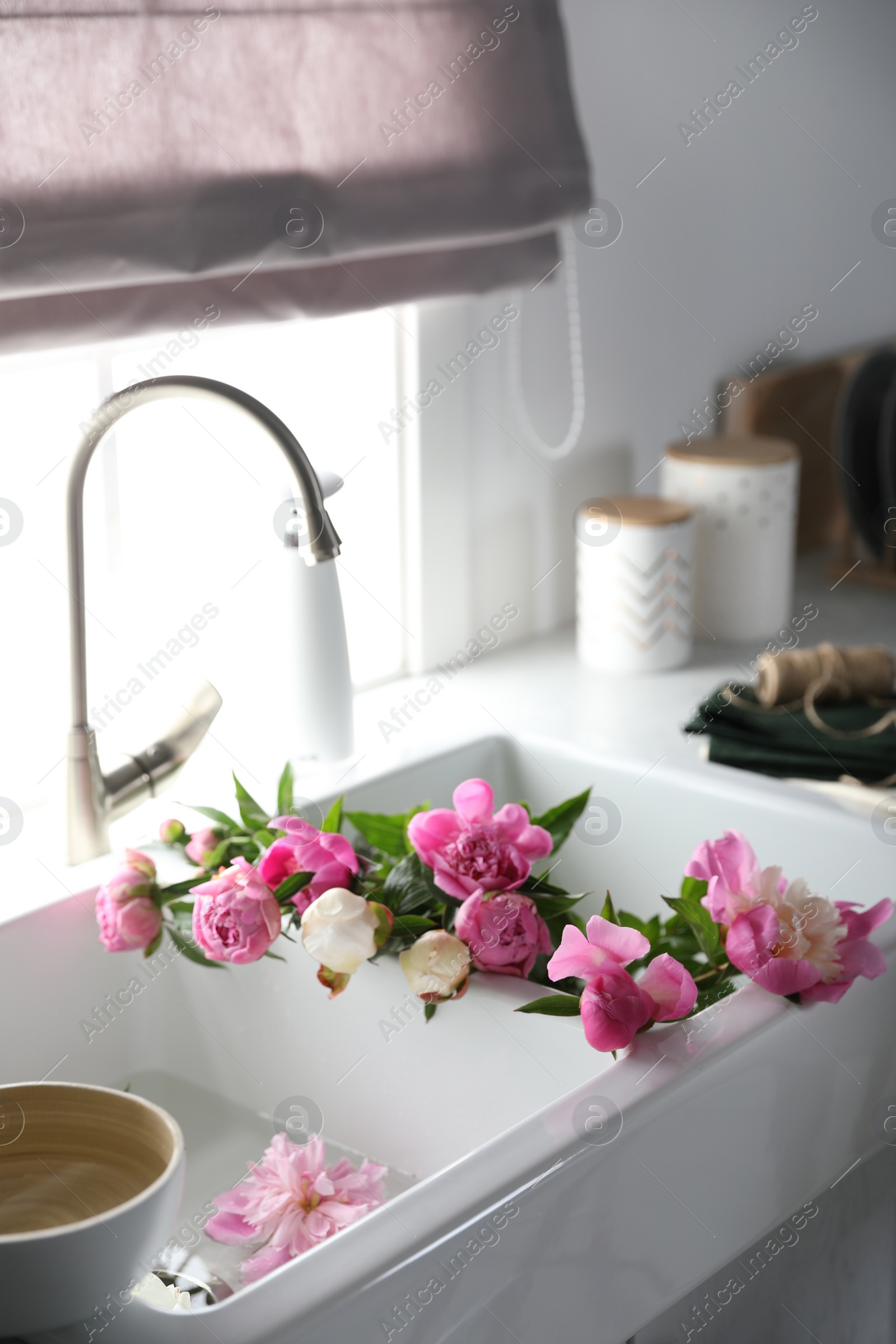 Photo of Bunch of beautiful peonies in kitchen sink