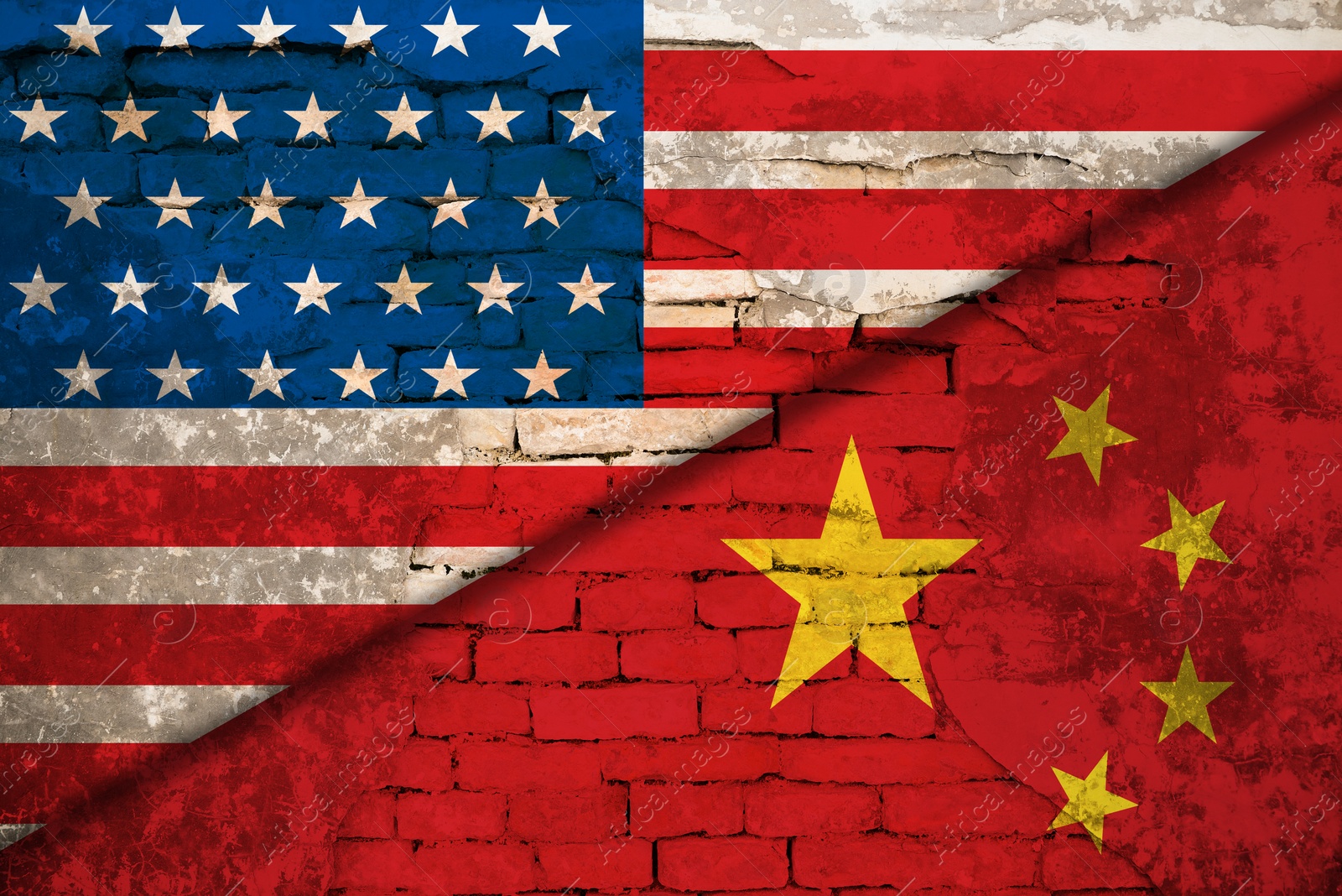 Image of Flags of USA and China on brick wall. International diplomatic relationships