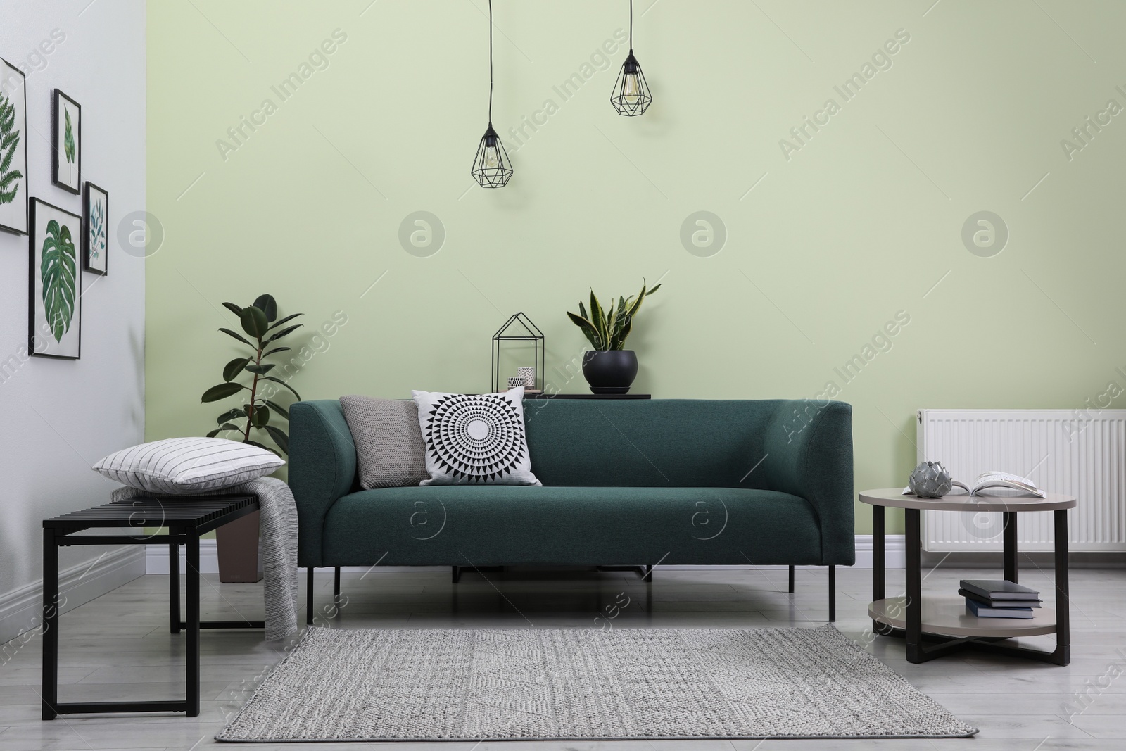 Photo of Stylish living room interior with comfortable green sofa and floral pictures