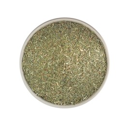 Bowl with aromatic dry dill on white background, top view