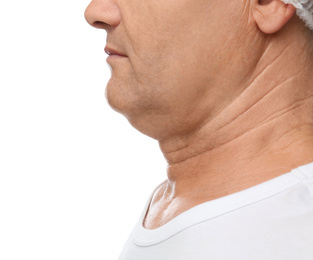 Mature man with double chin on white background, closeup