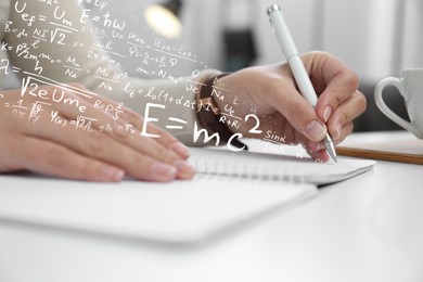 Image of Science and education concept. Illustration of basic physics and mathematics formulas and woman working at table, closeup
