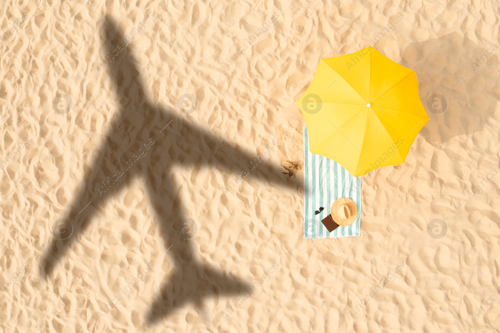 Image of Shadow of airplane above sandy coast, aerial view. Summer vacation