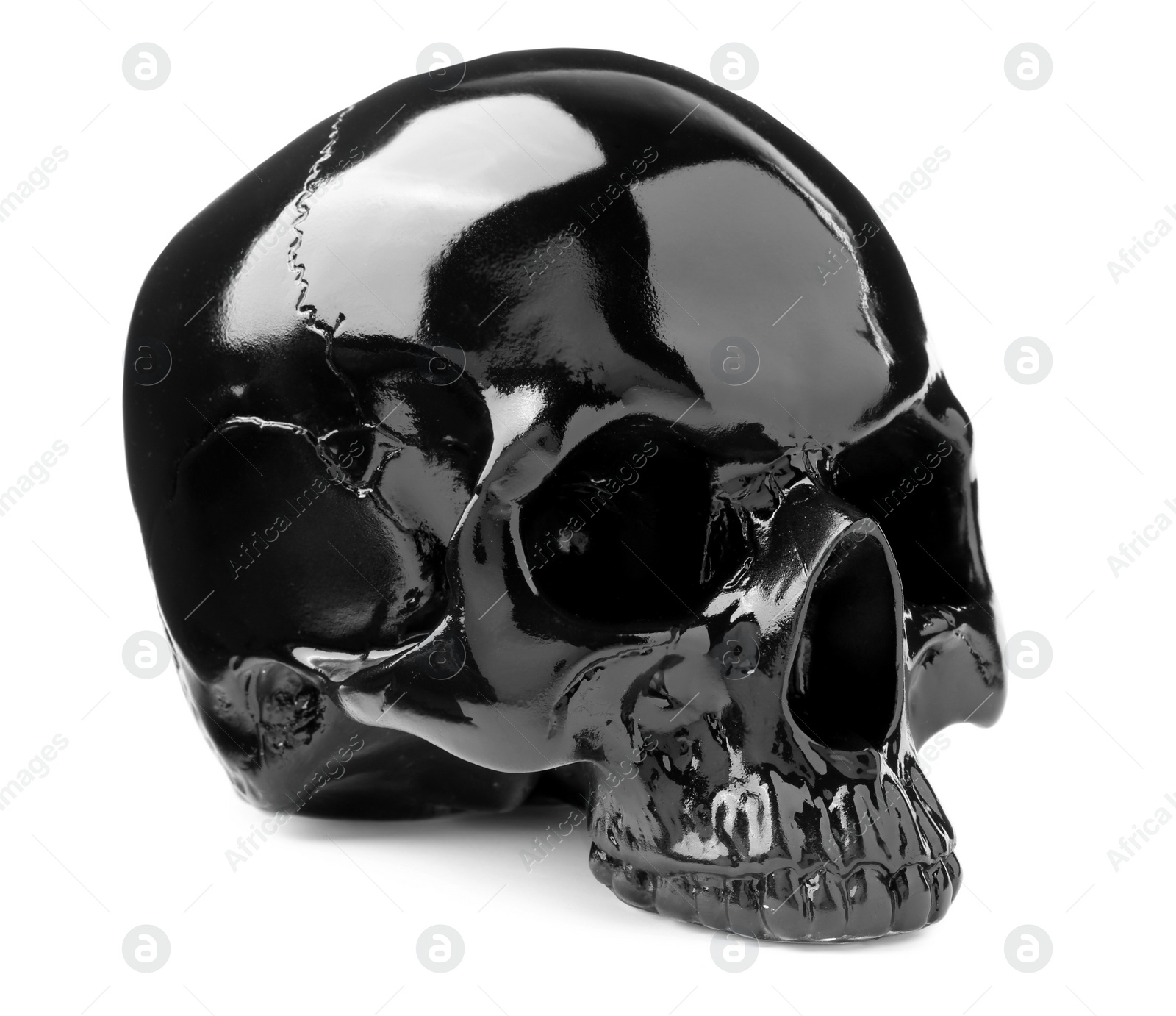 Photo of Black glossy human skull isolated on white