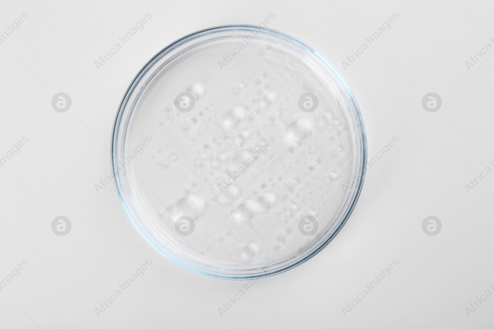 Photo of Petri dish with liquid sample isolated on white, top view