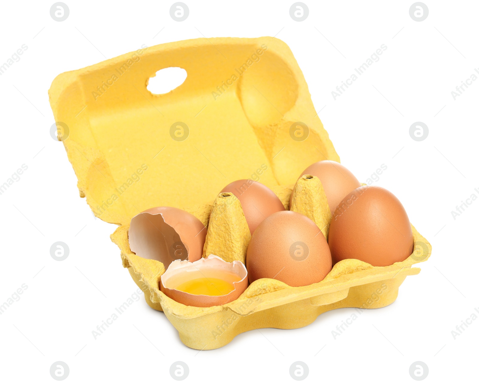 Photo of Chicken eggs in carton isolated on white