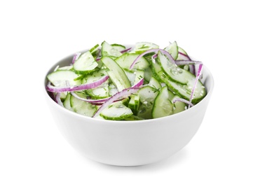 Fresh tasty salad with cucumber in bowl on white background