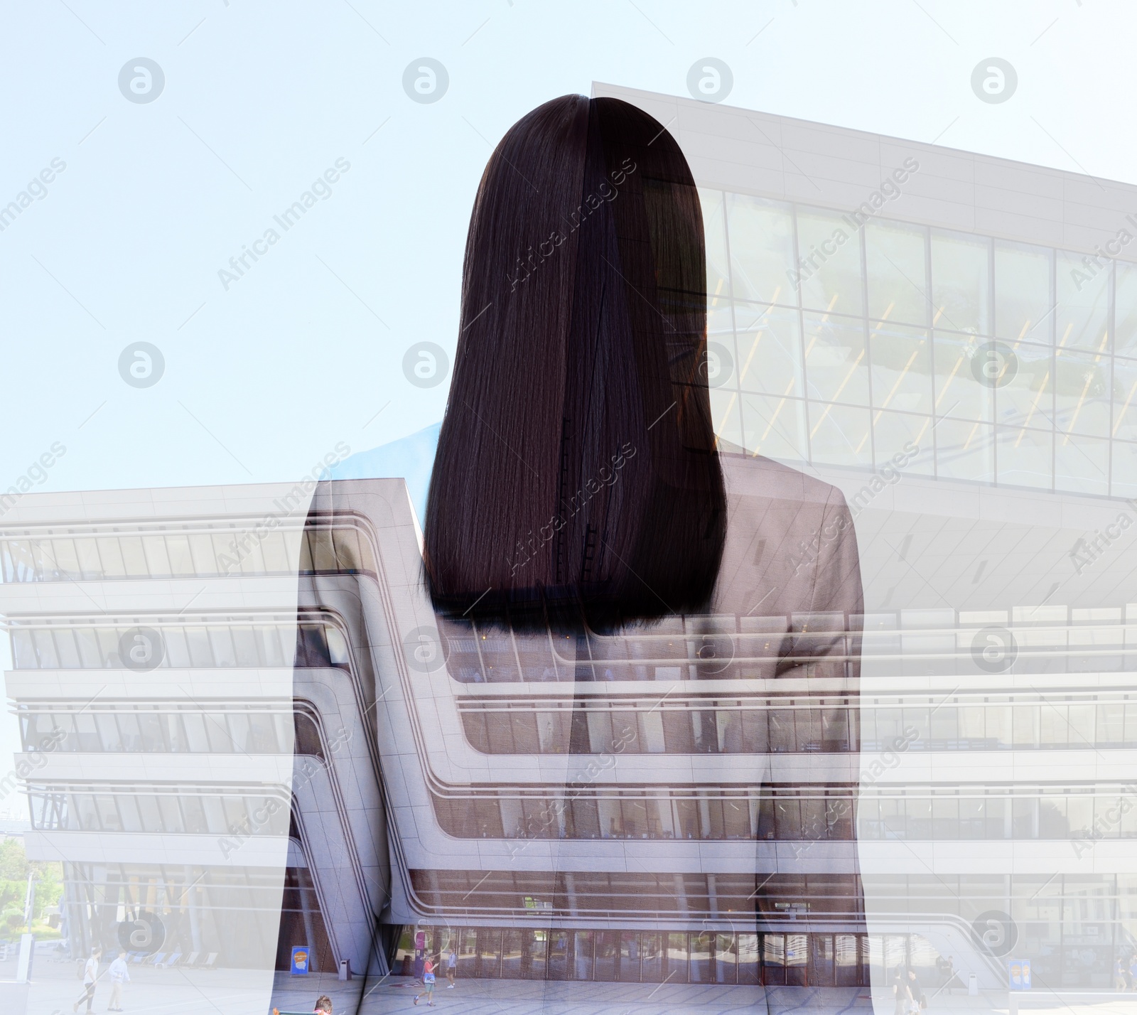 Image of Double exposure of businesswoman and office buildings