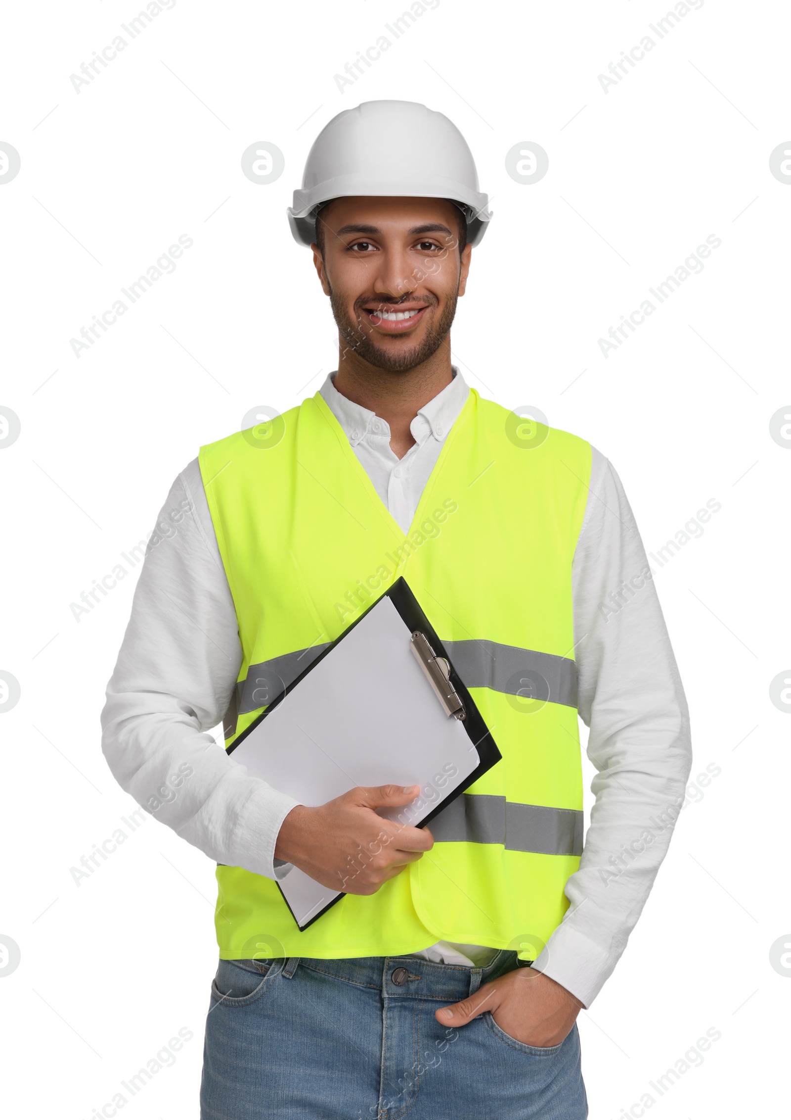 Photo of Engineer in hard hat holding clipboard on white background