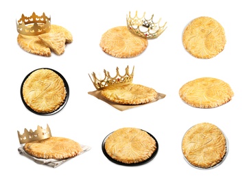 Set of traditional delicious galettes des rois on white background