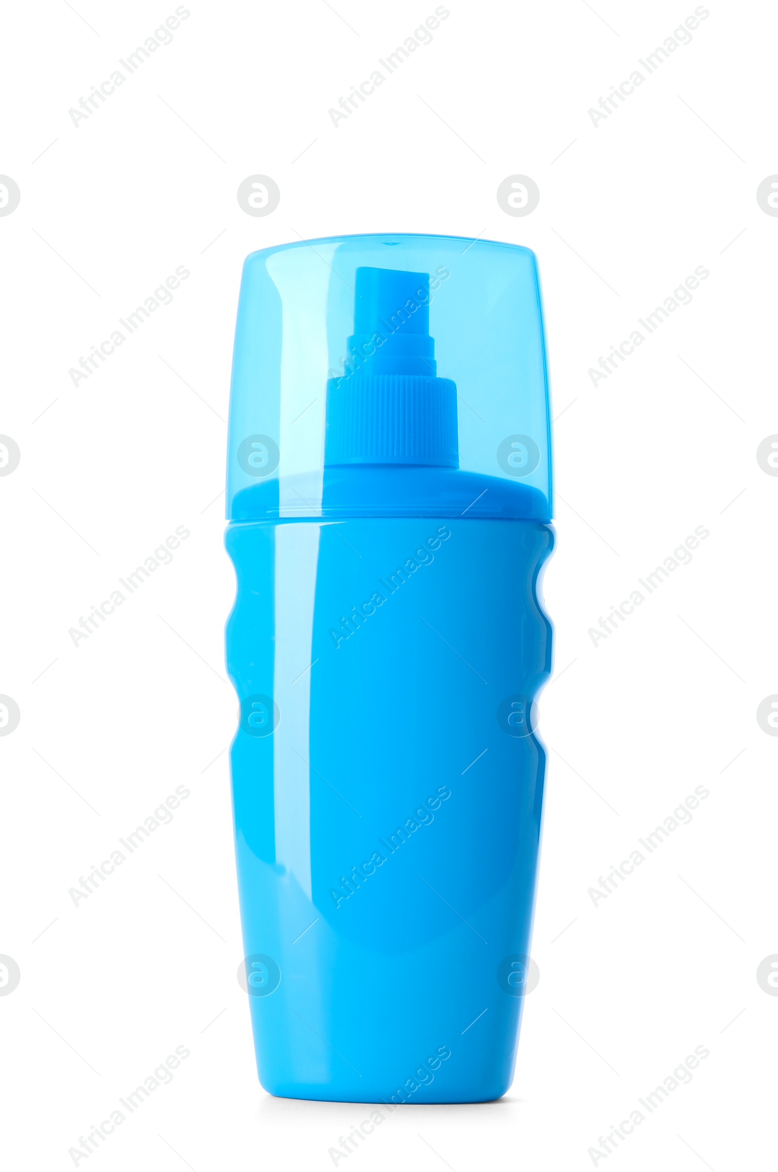 Photo of Bottle with sunscreen cream on white background. Beach object