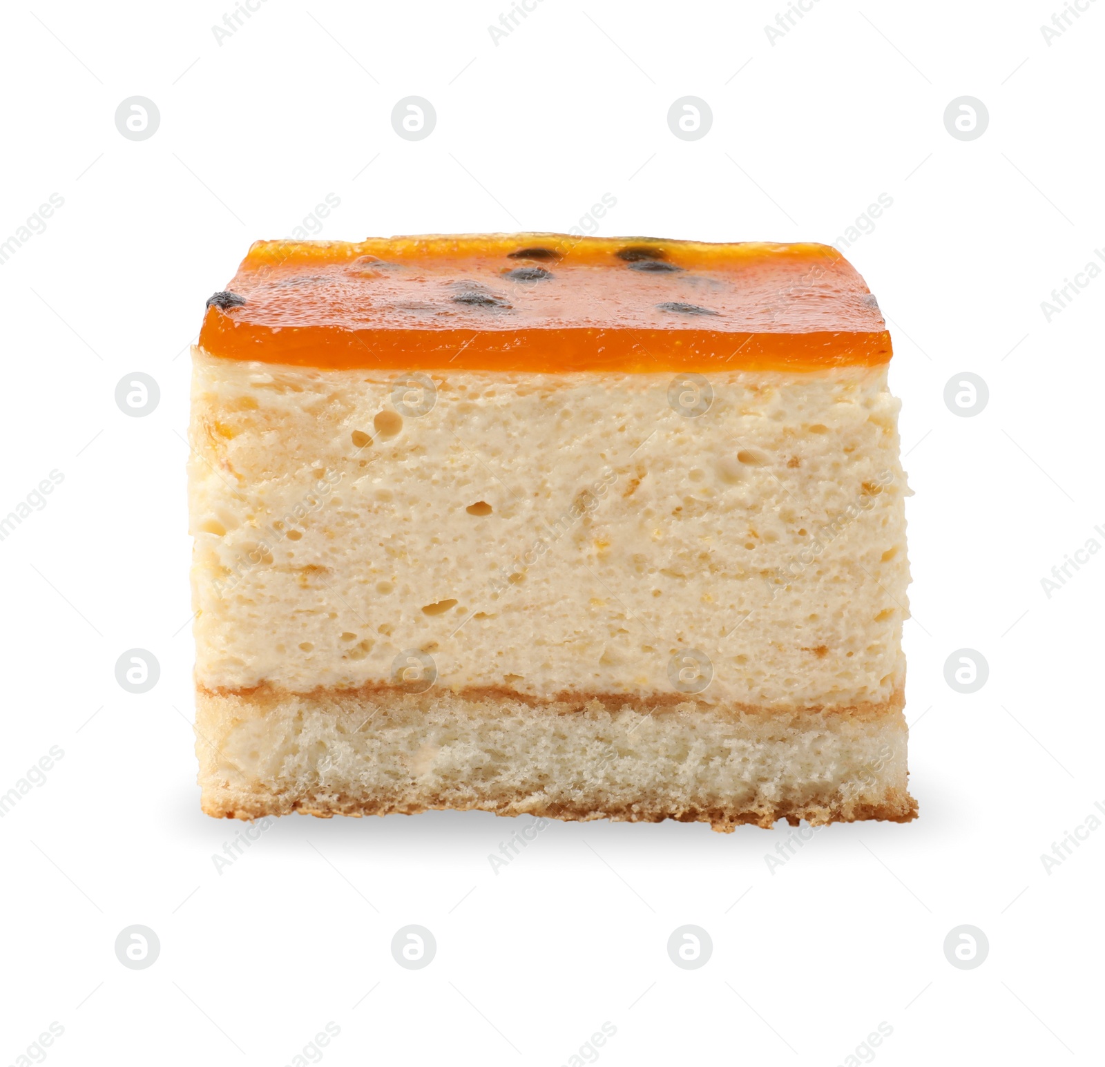 Photo of Piece of cheesecake with jelly on white background
