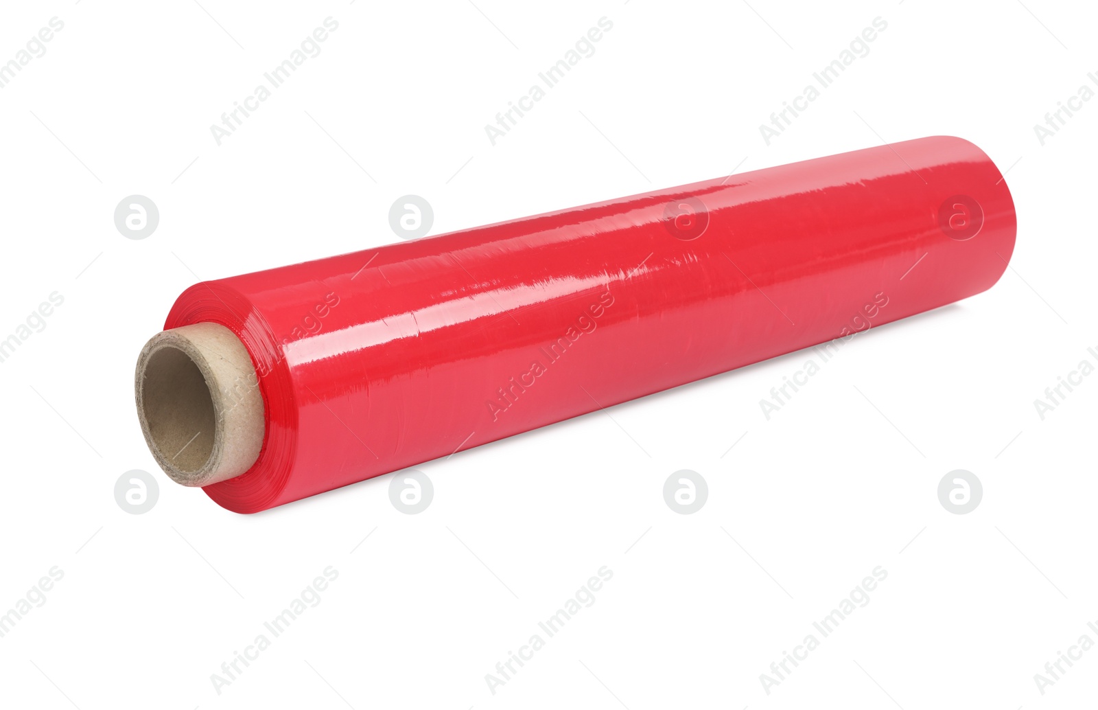 Photo of Roll of red plastic stretch wrap film isolated on white