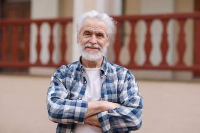 Portrait of happy grandpa with grey hair outdoors