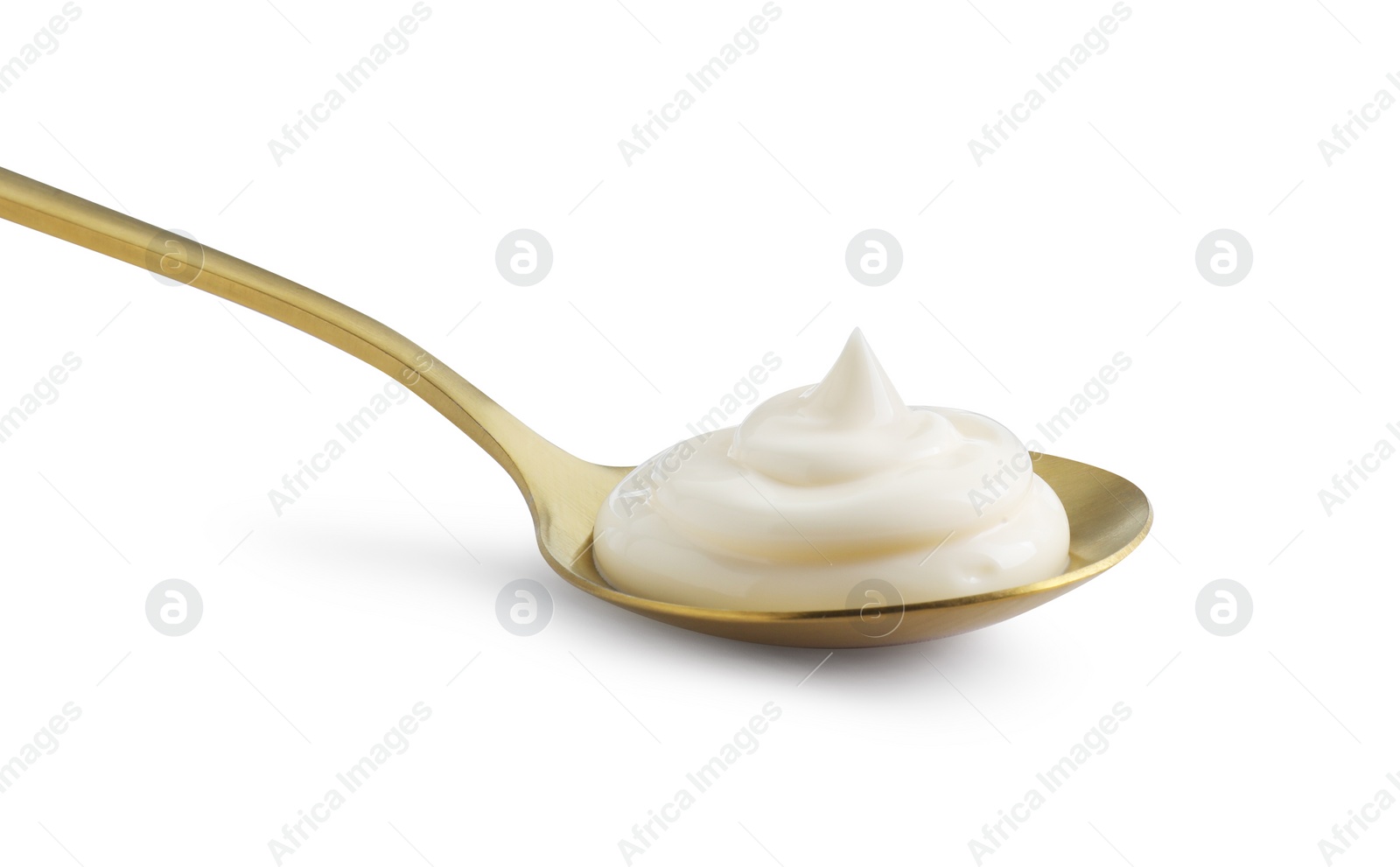Photo of Golden spoon with mayonnaise isolated on white