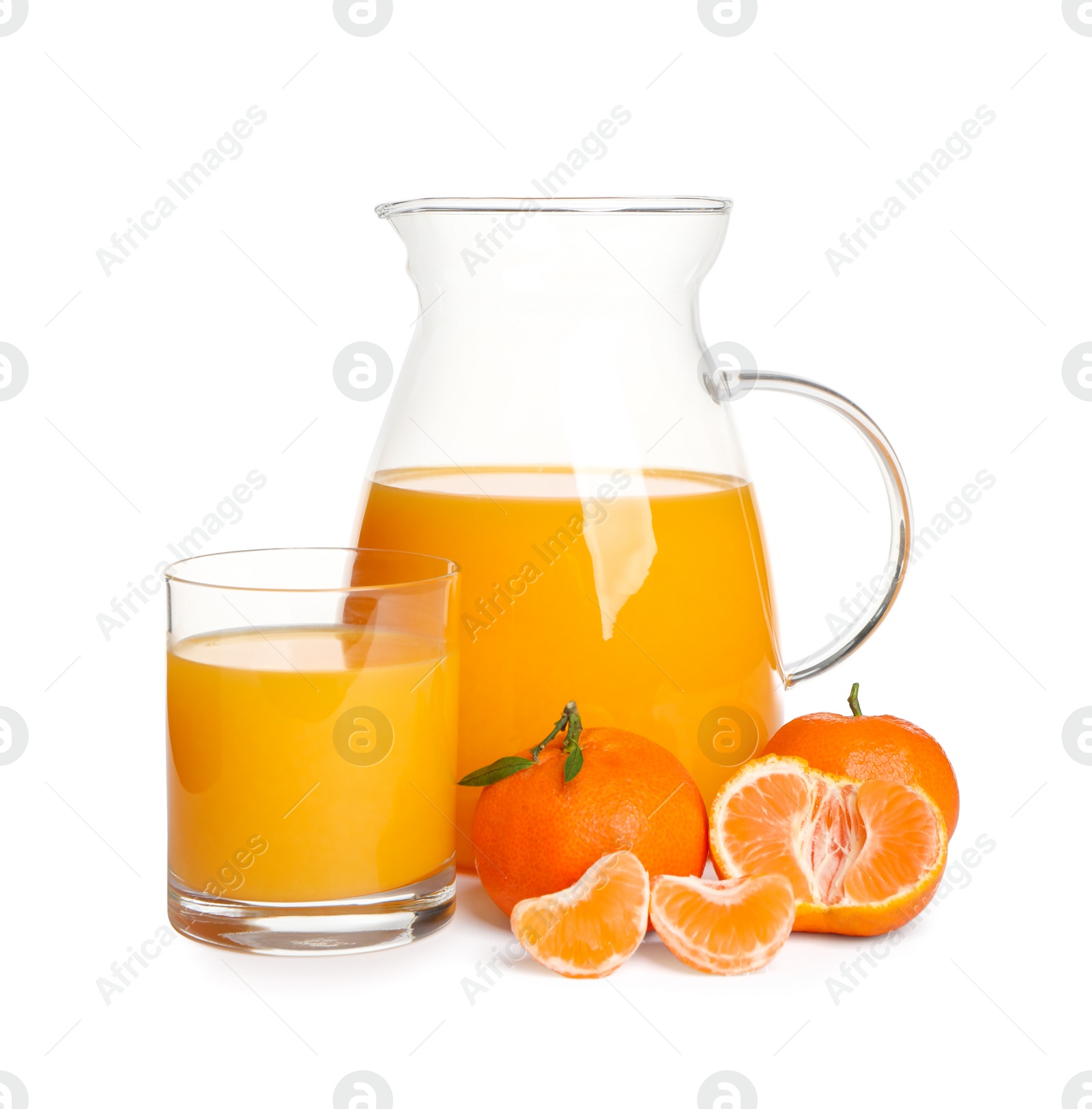 Photo of Jug and glass of tangerine juice with fruits isolated on white