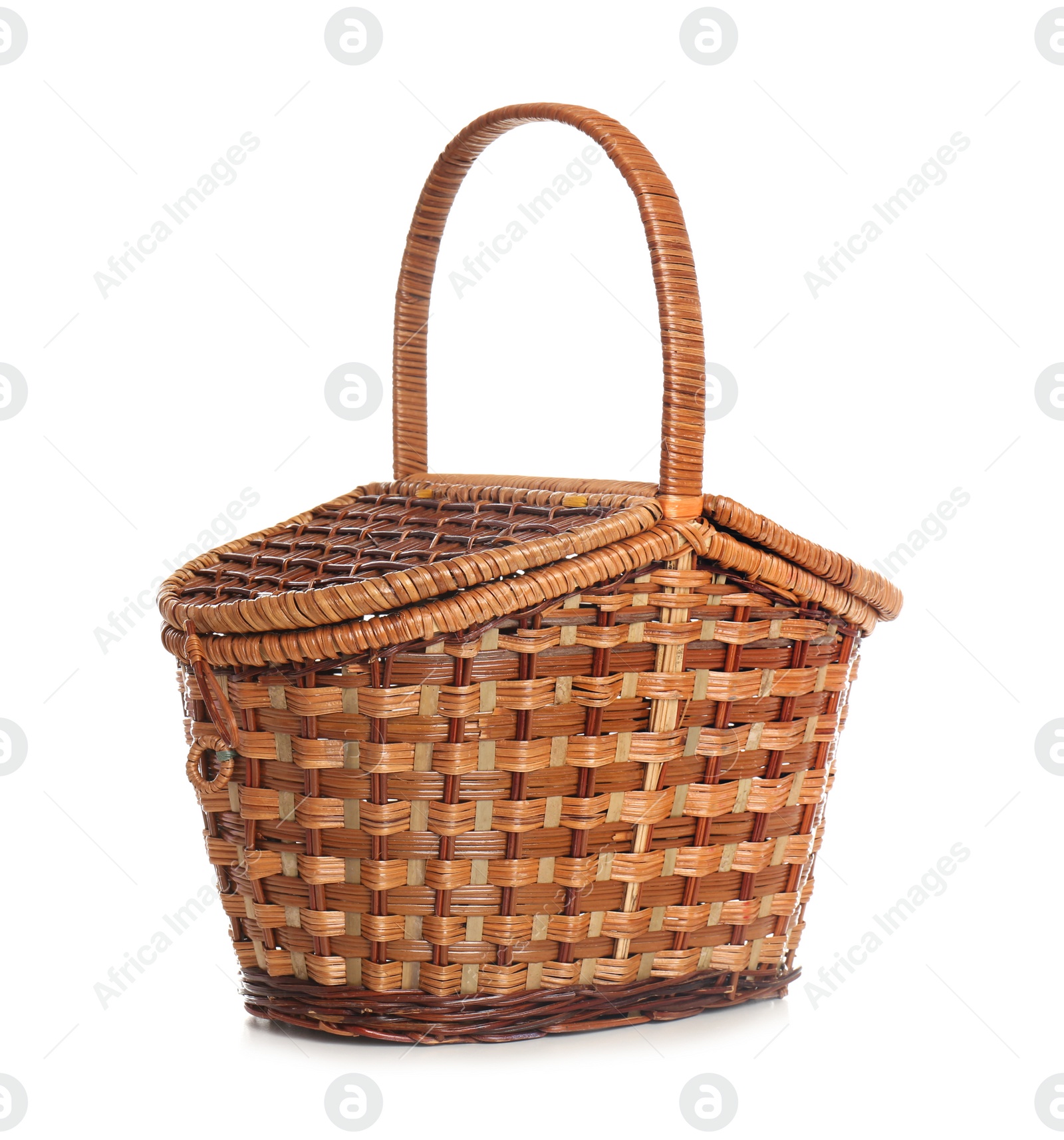 Photo of Wicker basket for picnic on white background