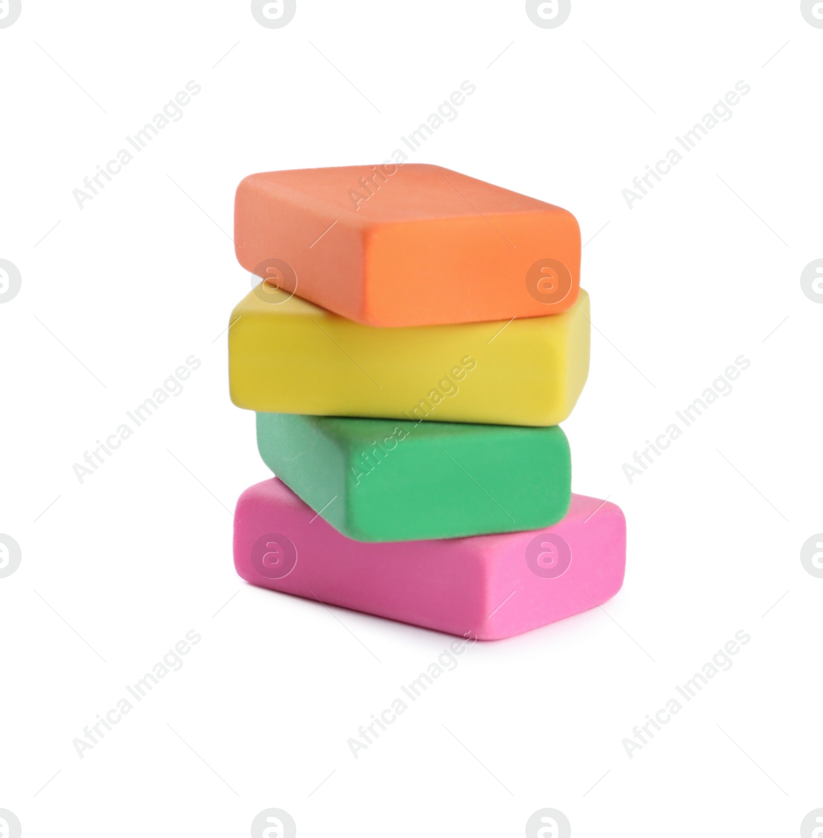 Photo of Stack of bright erasers on white background