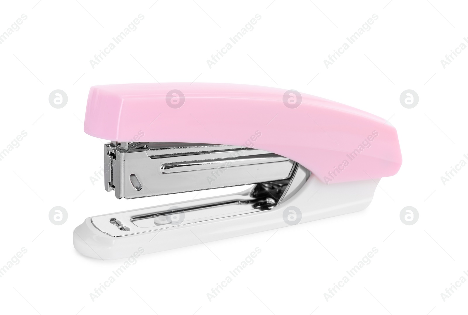 Photo of One new pink stapler isolated on white