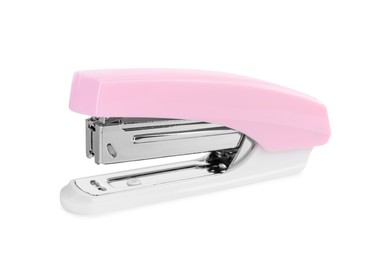 Photo of One new pink stapler isolated on white