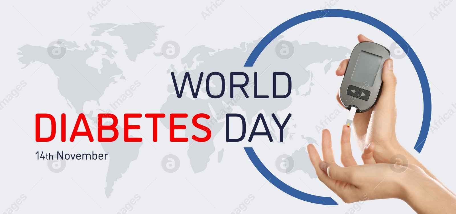 Image of World Diabetes Day, banner design. Woman checking blood sugar level with digital glucometer, closeup. Illustration of world map on white background