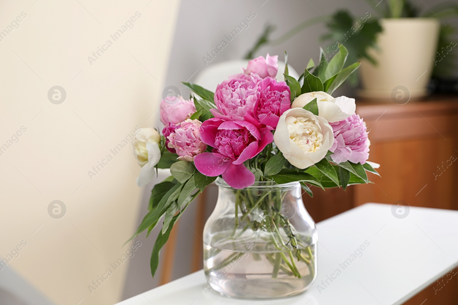 Photo of Vase with bouquet of beautiful peonies on table in room