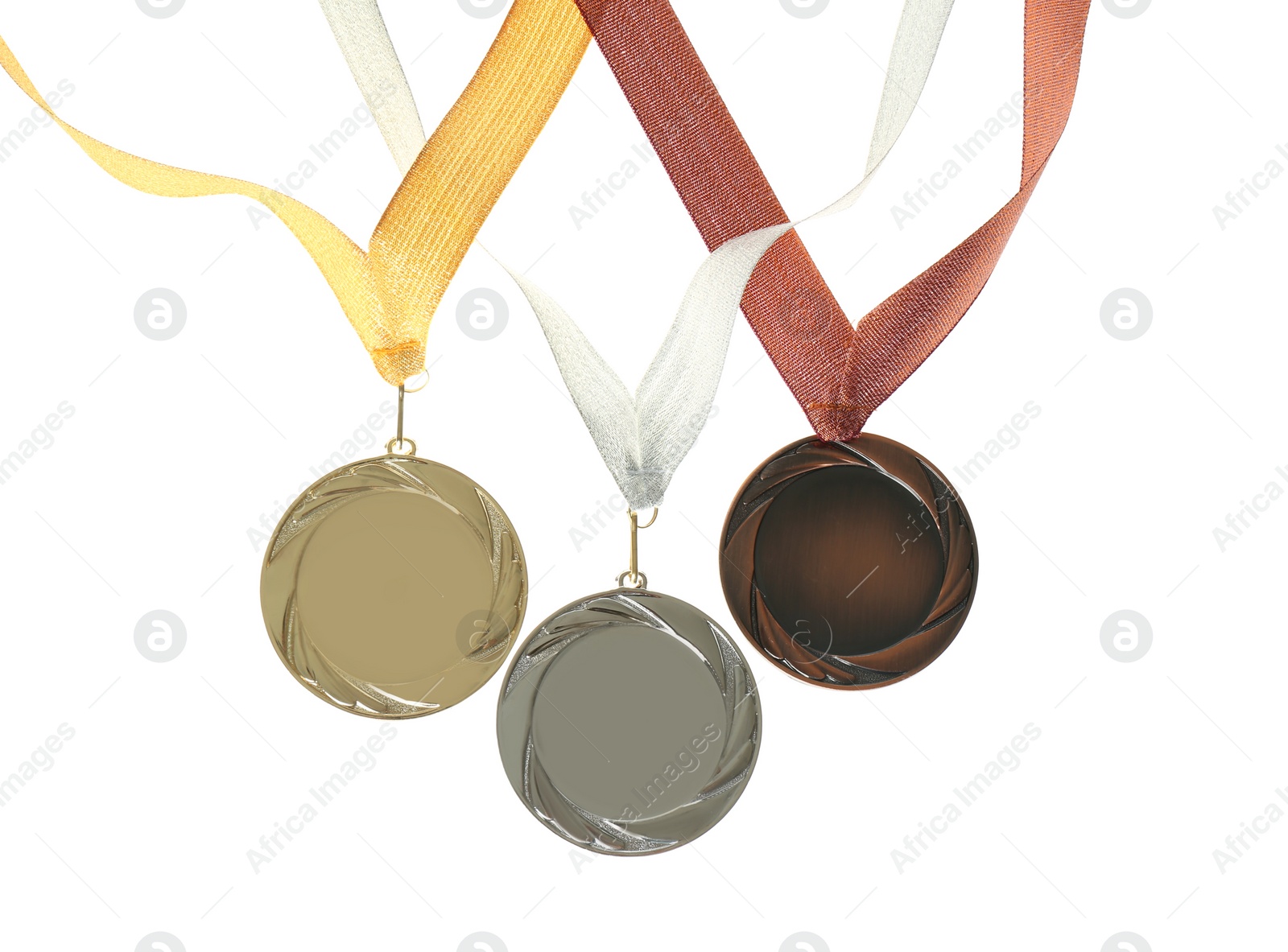 Photo of Gold, silver and bronze medals isolated on white. Space for design