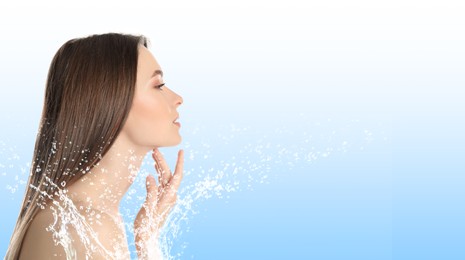 Image of Portrait of beautiful young woman with perfect moisturized skin and splashing water, space for text