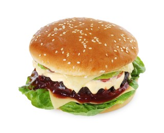 Tasty homemade cheeseburger with lettuce isolated on white