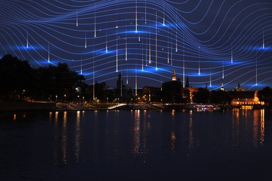 Image of Beautiful night cityscape and network connection lines. Internet technology