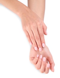 Photo of Woman with beautiful hands on white background, closeup. Spa treatment