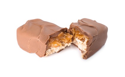 Pieces of tasty chocolate bar with nougat on white background