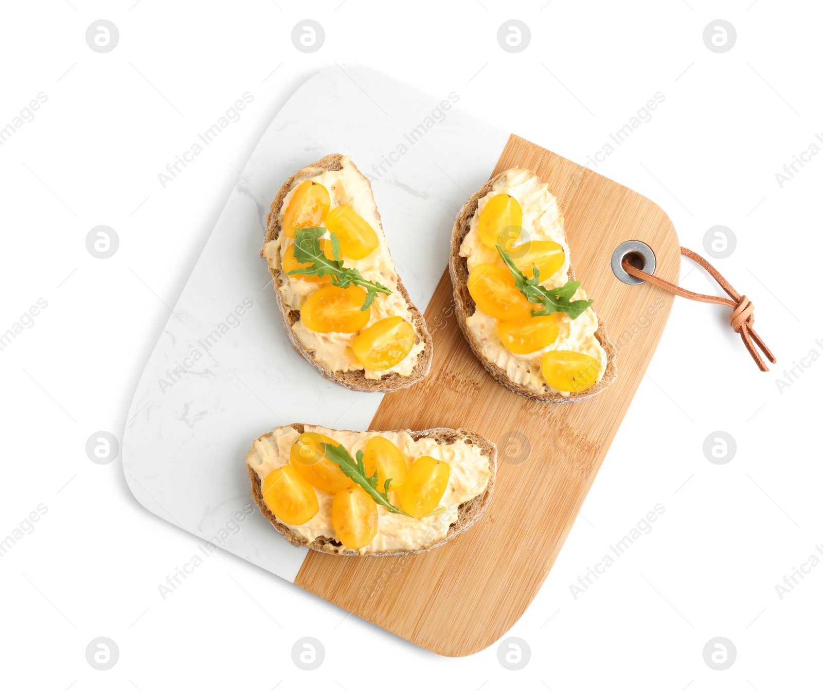 Photo of Tasty fresh tomato bruschettas on white background, top view