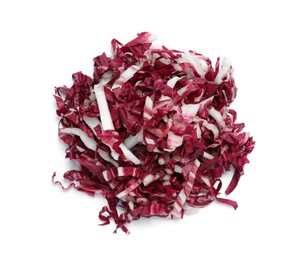 Photo of Pile of shredded radicchio on white background, top view