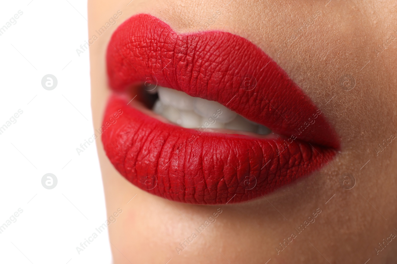 Photo of Woman with red lipstick on white background, closeup