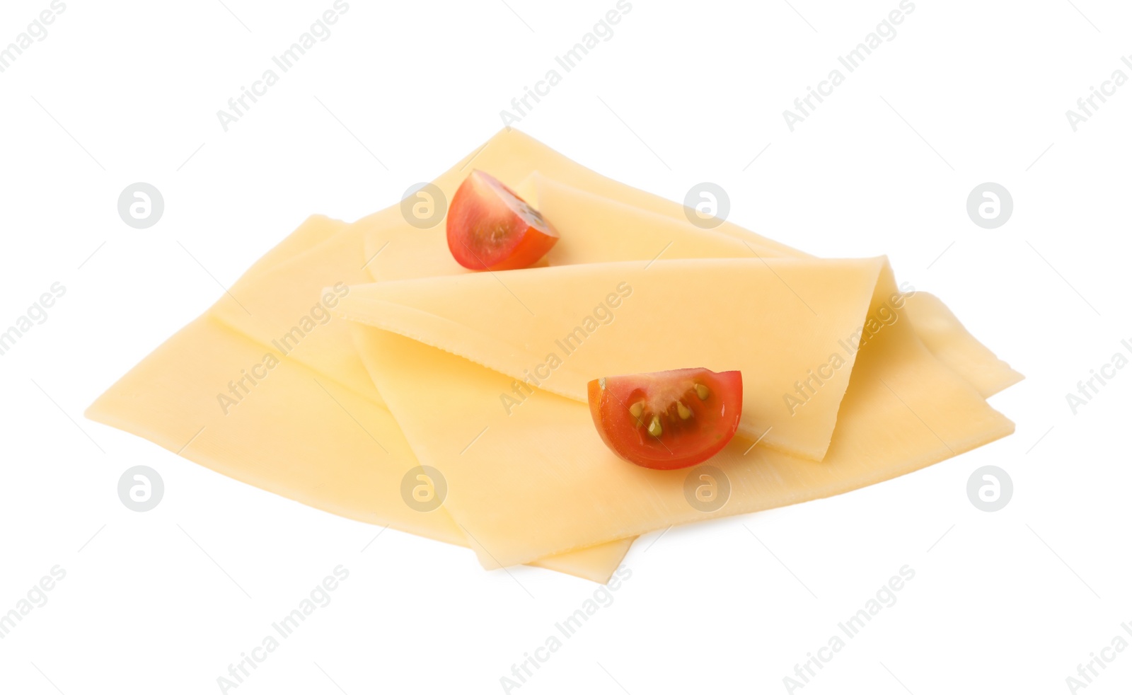 Photo of Slices of tasty fresh cheese and tomatoes isolated on white