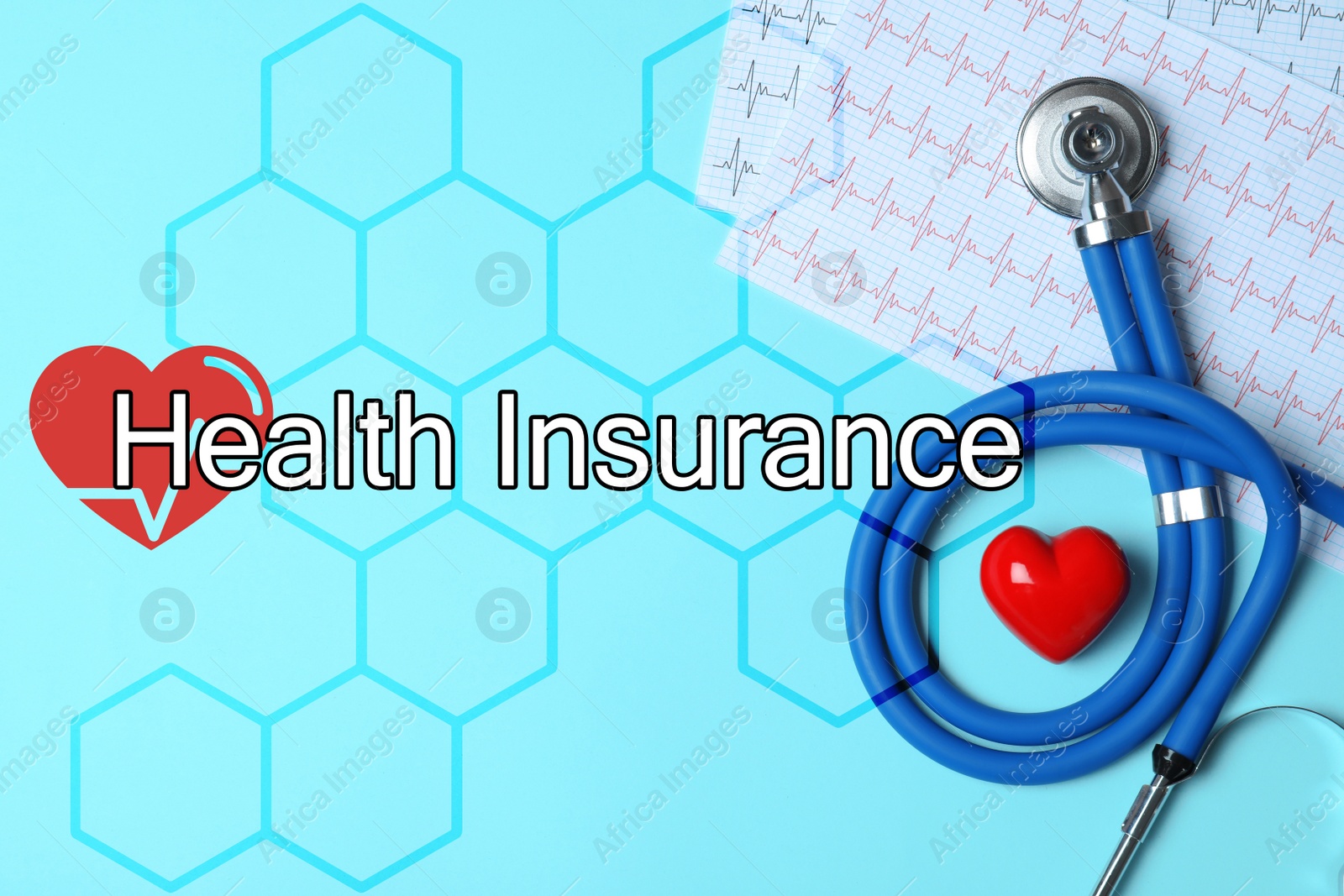 Image of Phrase Health Insurance, stethoscope, red heart and cardiogram on wooden background, flat lay