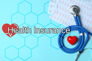 Image of Phrase Health Insurance, stethoscope, red heart and cardiogram on wooden background, flat lay