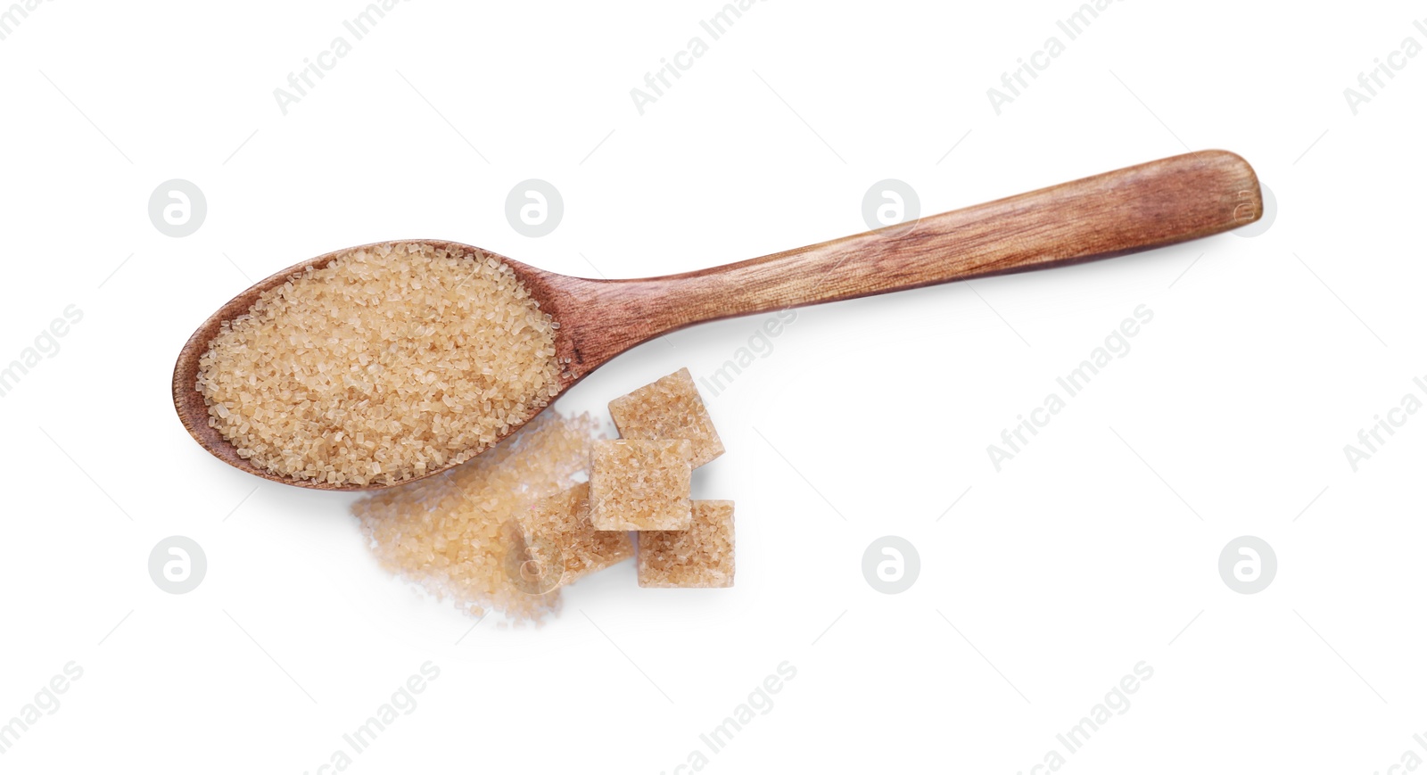 Photo of Different types of brown sugar isolated on white, top view