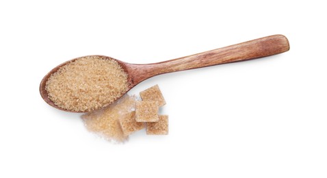 Photo of Different types of brown sugar isolated on white, top view