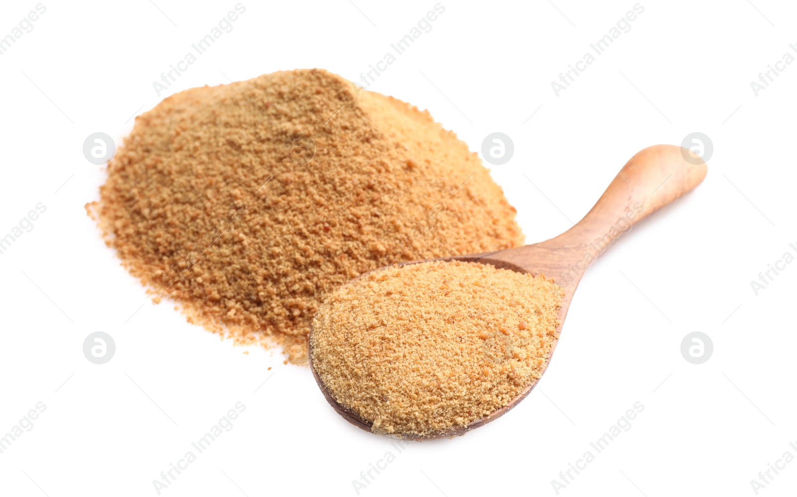 Photo of Spoon with coconut sugar isolated on white