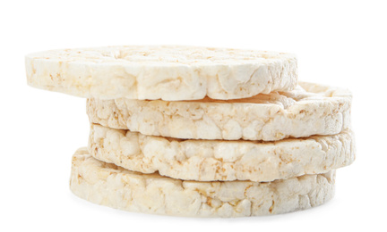 Stack of puffed rice cakes isolated on white