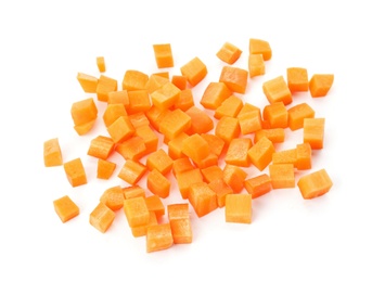 Photo of Ripe chopped carrot on white background