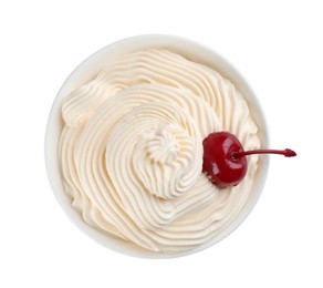 Photo of Delicious fresh whipped cream and cherry isolated on white, top view