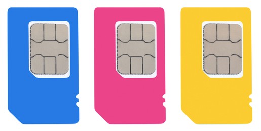 Set with different SIM cards on white background. Banner design
