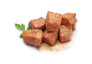 Photo of Pieces of delicious cooked beef and parsley isolated on white. Tasty goulash