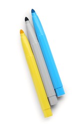 Photo of Different colorful markers on white background, top view