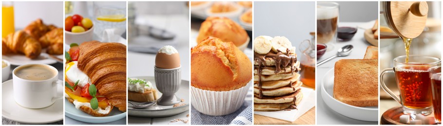 Image of Assortment of tasty breakfasts. Collage with different meals and drinks